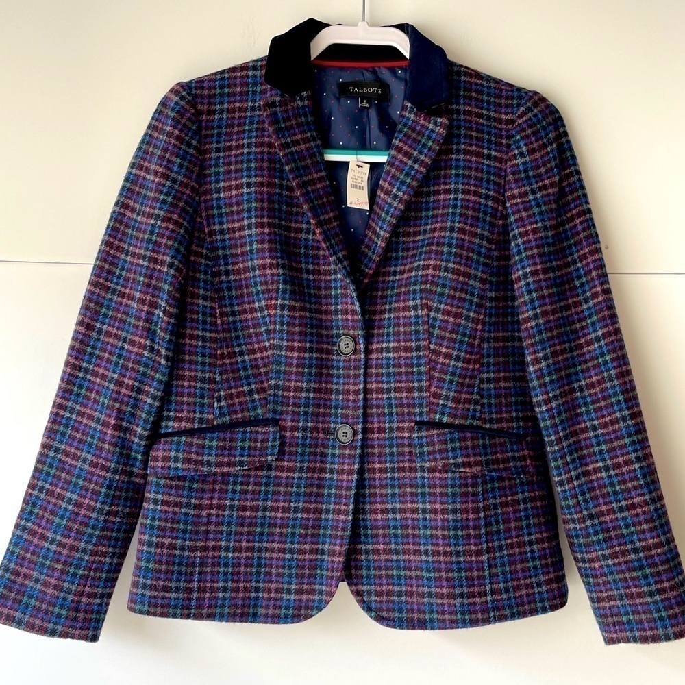 NWT! $150 Talbots Blue Plaid Blazer Jacket Coat Wool Blend, Sz 2